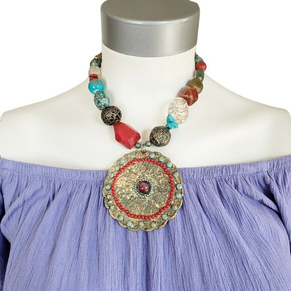 TRESKA beaded bead medallion bohemian boho tribal statement choker necklace NEW - Picture 1 of 3